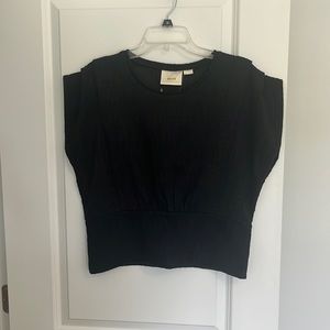 NWT Anthropologie Black Textured Top with Pleats at Shoulder